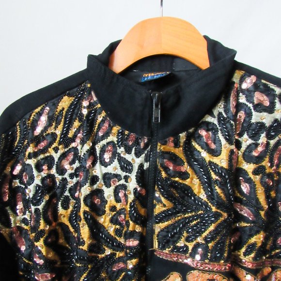 RARE! VINTAGE MODI DENIM SEQUIN JEAN JACKET in Black Animal Print Design M/L - Picture 2 of 11